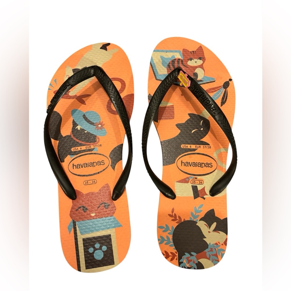 Havaianas Black and Orange Flip Flops-US 6, EU 37-38, New